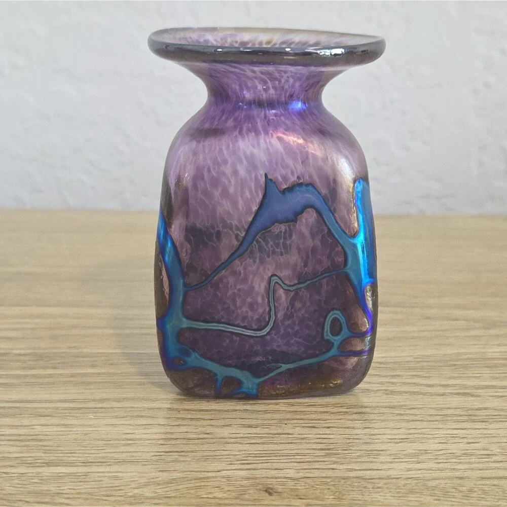 Robert HeId Iridescent Purple Art Glass Vase w/Metallic Blue Signed